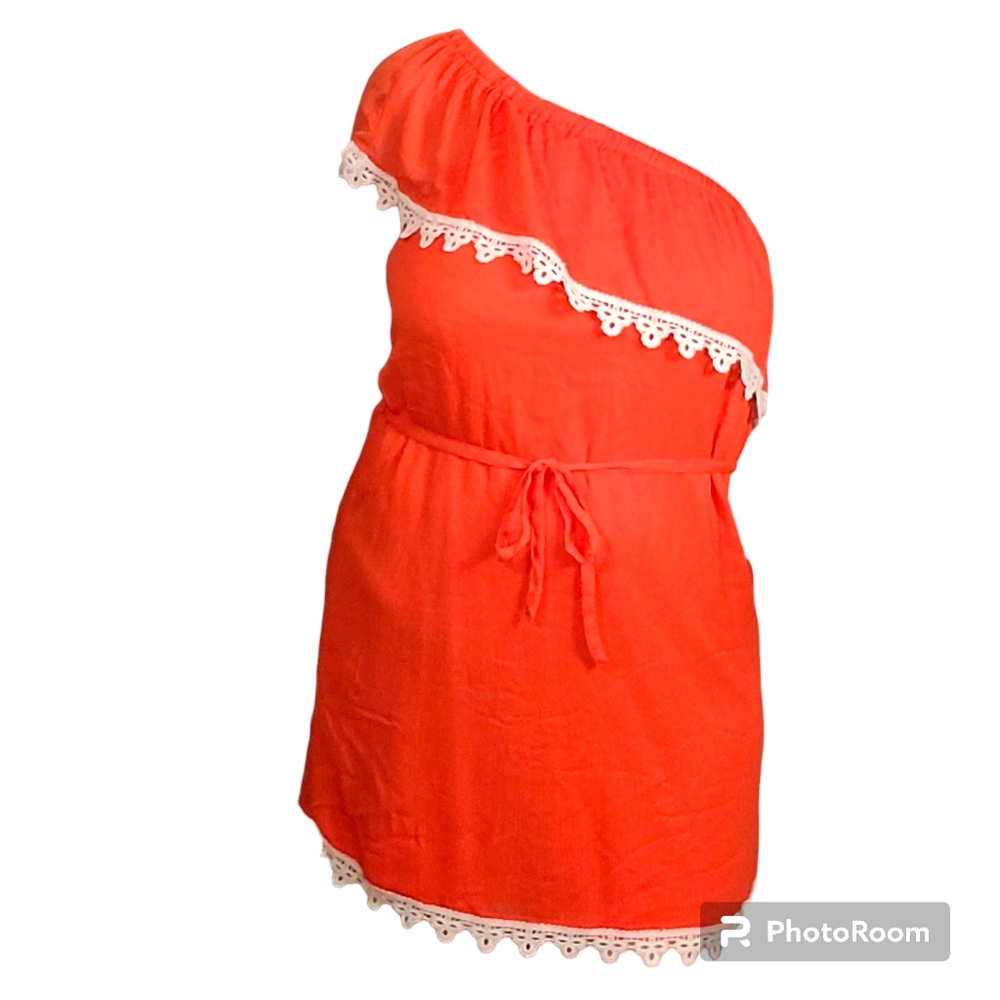 Charming Charlie One Shoulder Minidress Orange White Crochet Trim Size Medium - Picture 2 of 7